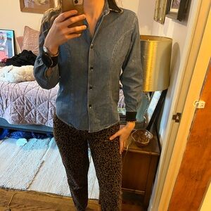 Bill Blass 1990s Denim Button Up with Corduroy Trim and Leopard Print Piping